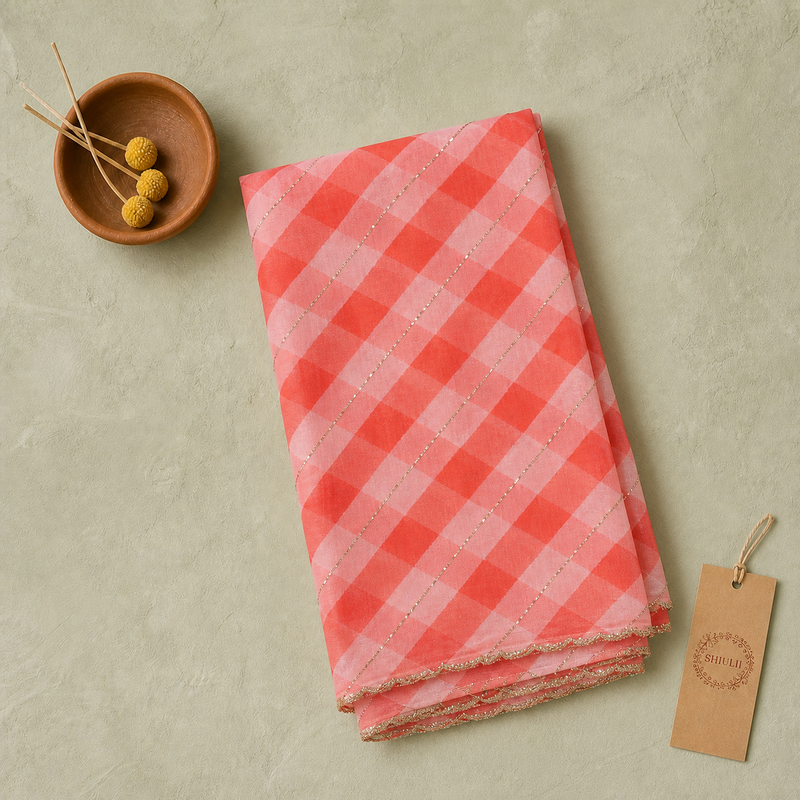 Shiulii Coral Checkered Saree