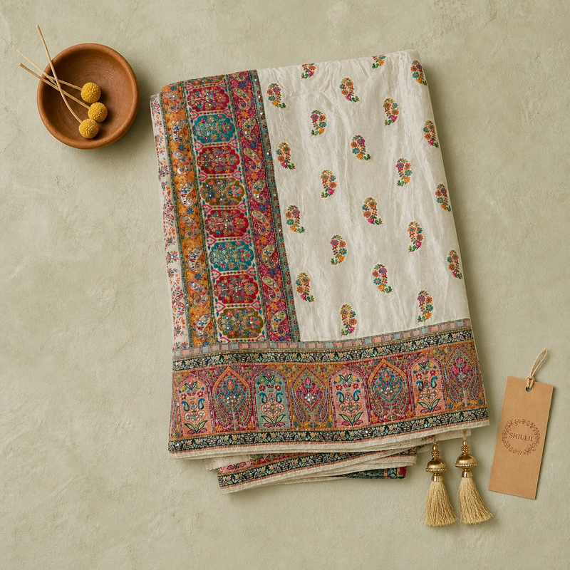 Shiulii Ivory Multicolor Heritage Saree