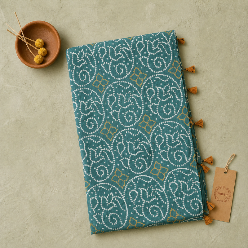 Shiulii Teal Paisley Tassel Saree