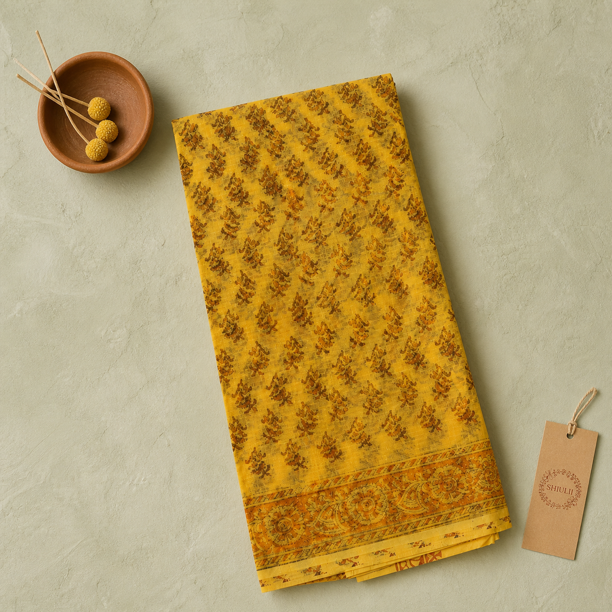 Shiulii Mustard Floral Block Print Saree