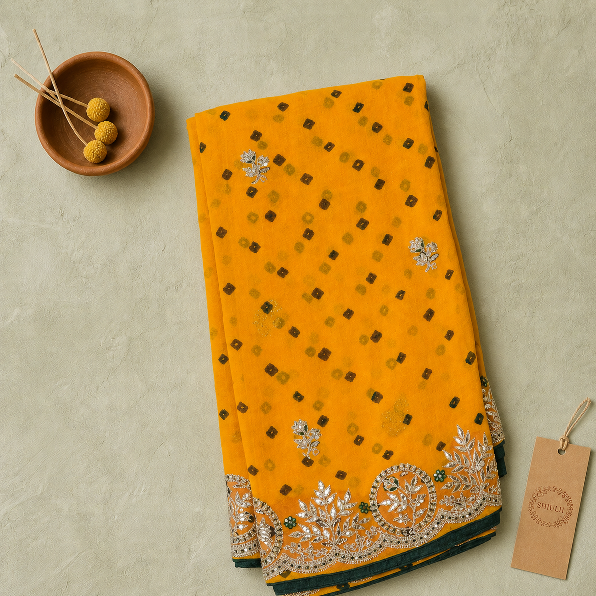 Shiulii Marigold Embellished Festive Saree