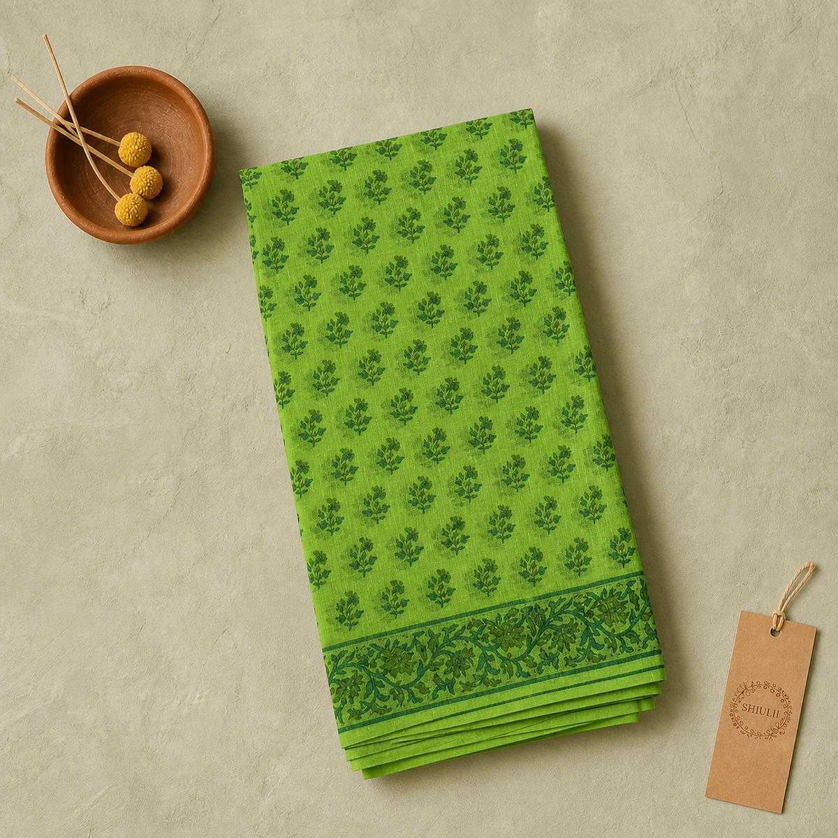 Shiulii Lime Green Floral Print Saree